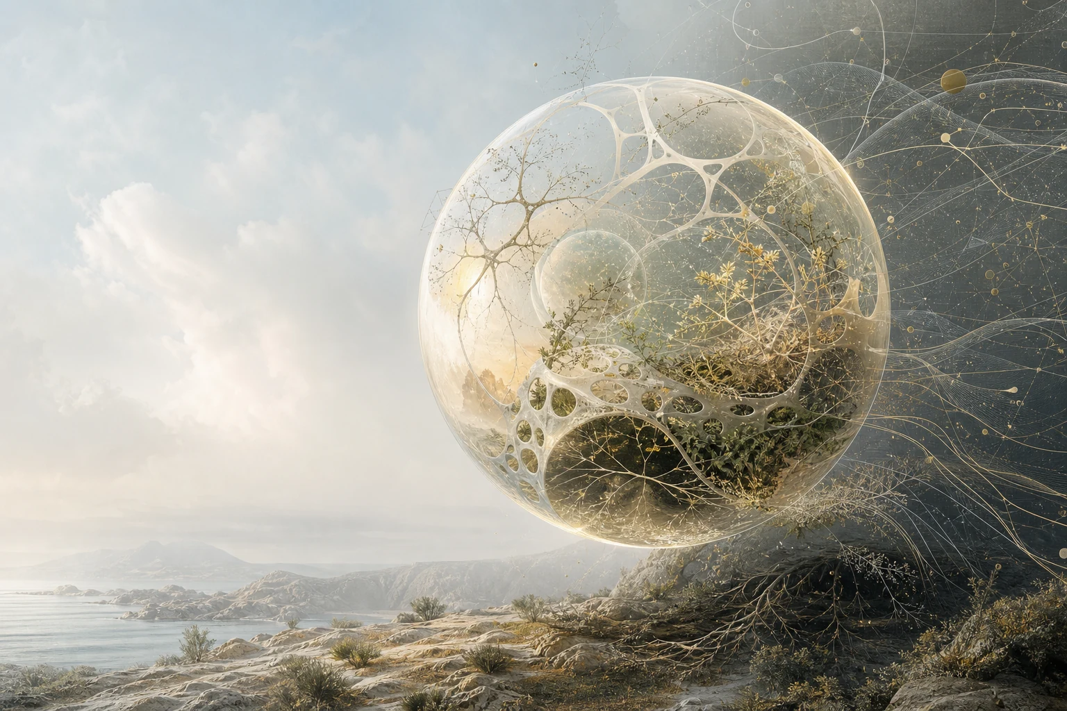 A translucent living sphere crossing between a bright landscape and a field of fine information threads